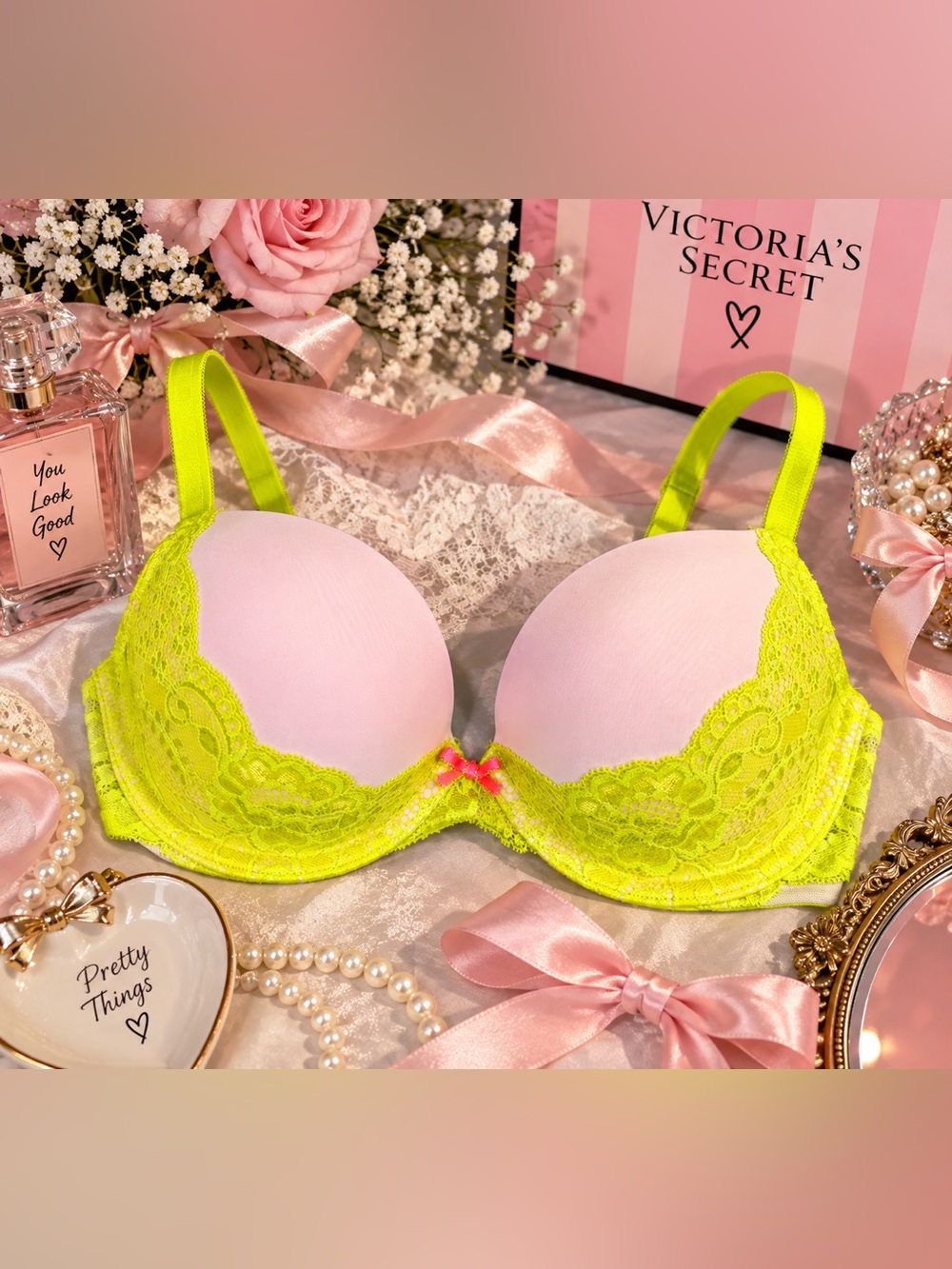 Victoria's Secret Light Pink and Neon Yellow Lace Push-Up Bra